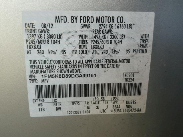 1FM5K8D89DGA99151 - 2013 FORD EXPLORER X SILVER photo 10