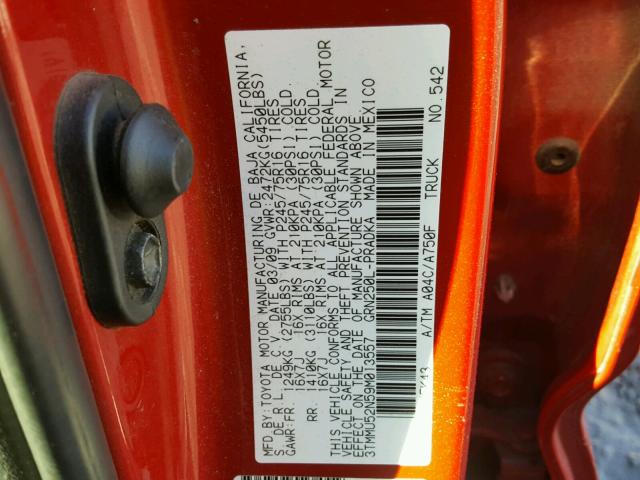 3TMMU52N59M013557 - 2009 TOYOTA TACOMA DOU RED photo 10