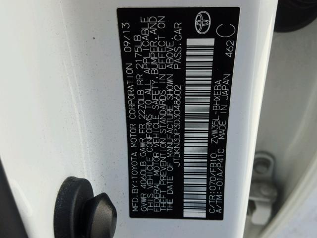 JTDKN3DP3D3048602 - 2013 TOYOTA PRIUS PLUG WHITE photo 10