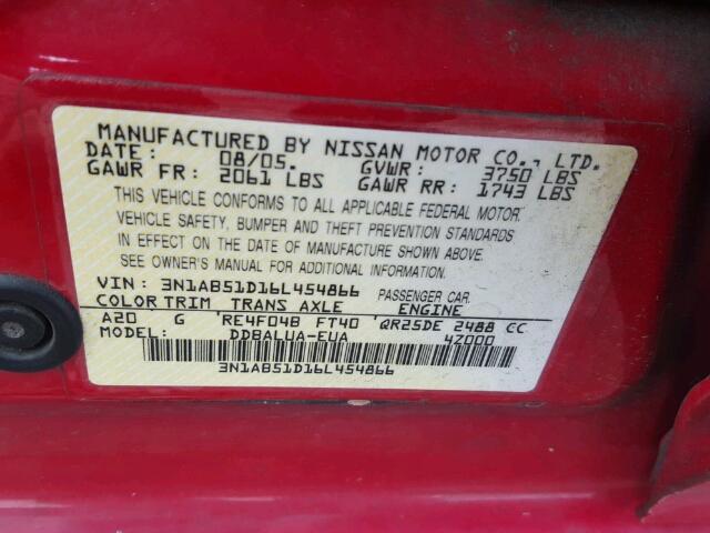 3N1AB51D16L454866 - 2006 NISSAN SENTRA SE- RED photo 10