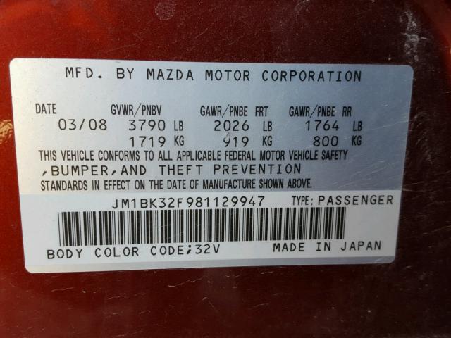 JM1BK32F981129947 - 2008 MAZDA 3 I RED photo 10