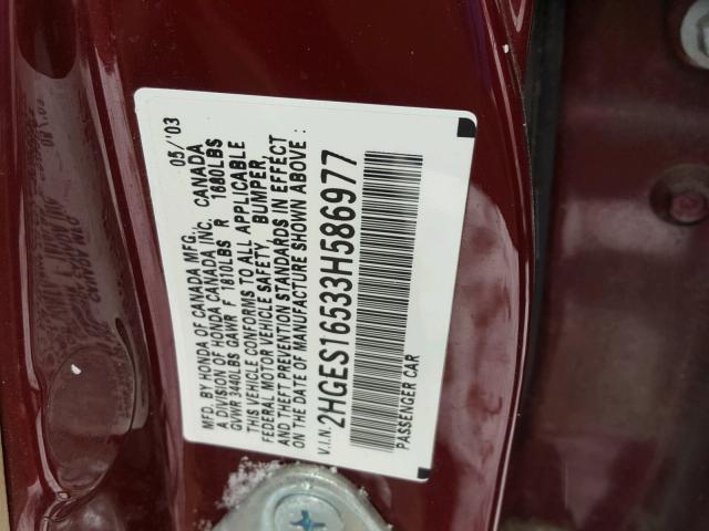 2HGES16533H586977 - 2003 HONDA CIVIC LX RED photo 10