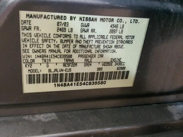 1N4BA41E54C839580 - 2004 NISSAN MAXIMA SE BEIGE photo 10