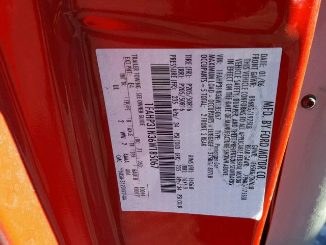 1FAHP31N36W185067 - 2006 FORD FOCUS ZX3 RED photo 10