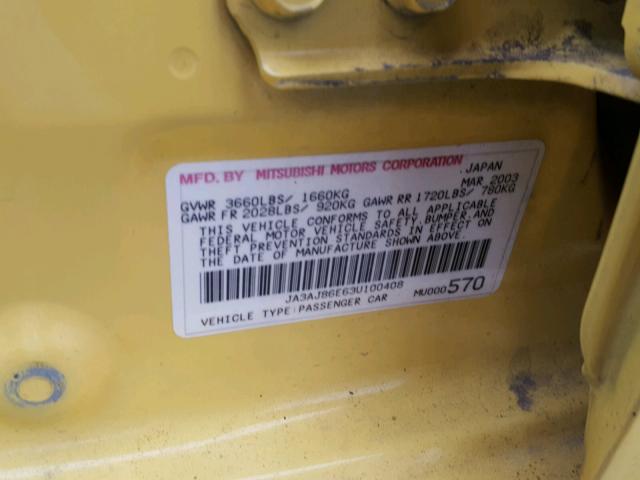 JA3AJ86E63U100408 - 2003 MITSUBISHI LANCER OZ YELLOW photo 10