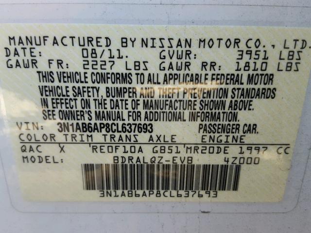 3N1AB6AP8CL637693 - 2012 NISSAN SENTRA 2.0 WHITE photo 10