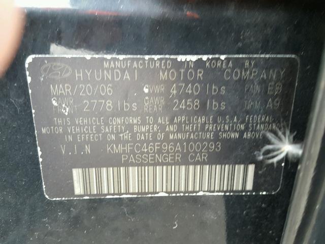 KMHFC46F96A100293 - 2006 HYUNDAI AZERA SE BLACK photo 10