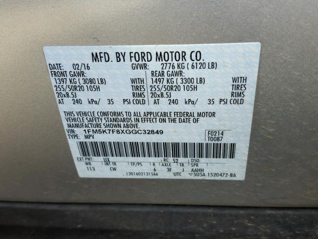 1FM5K7F8XGGC32849 - 2016 FORD EXPLORER L SILVER photo 10