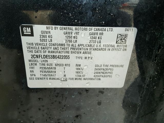 2CNFLDE53B6422055 - 2011 CHEVROLET EQUINOX LT BLACK photo 10