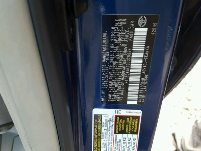 4T1BE46K99U375994 - 2009 TOYOTA CAMRY BASE BLUE photo 10