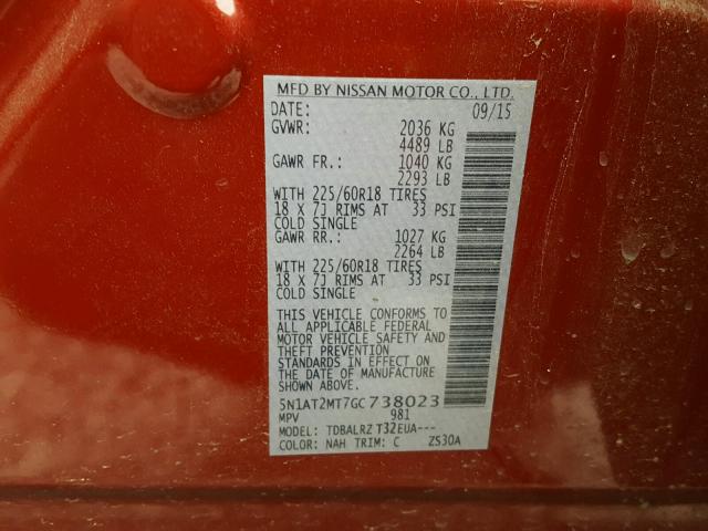 5N1AT2MT7GC738023 - 2016 NISSAN ROGUE S RED photo 10