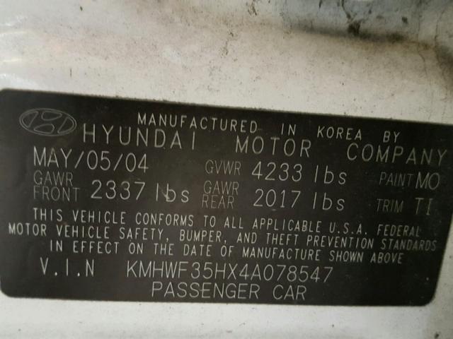 KMHWF35HX4A078547 - 2004 HYUNDAI SONATA GLS WHITE photo 10