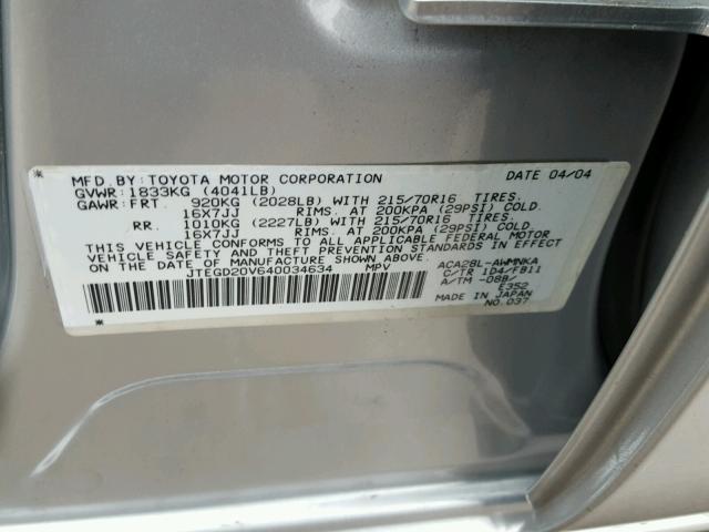 JTEGD20V640034634 - 2004 TOYOTA RAV4 SILVER photo 10