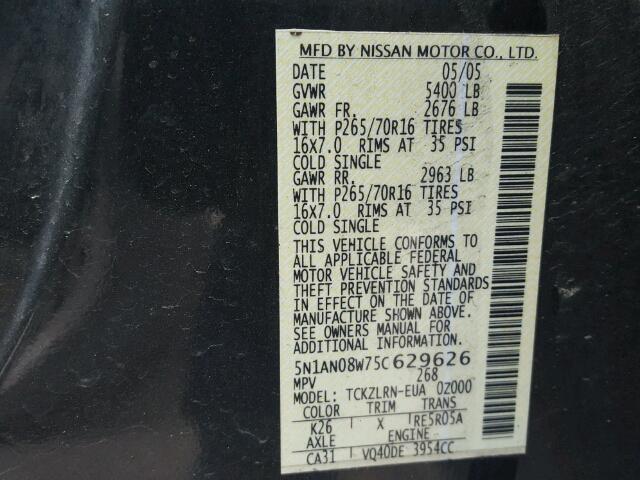 5N1AN08W75C629626 - 2005 NISSAN XTERRA OFF GRAY photo 10