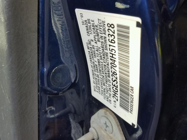 2HGES26704H516328 - 2004 HONDA CIVIC EX BLUE photo 10