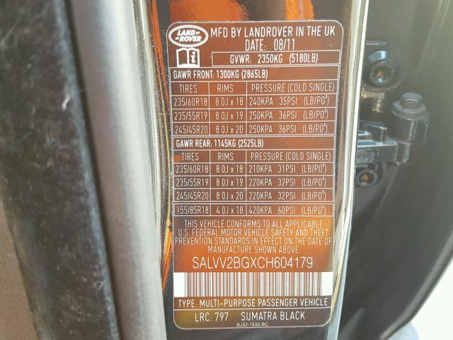 SALVV2BGXCH604179 - 2012 LAND ROVER RANGE ROVE BLACK photo 10