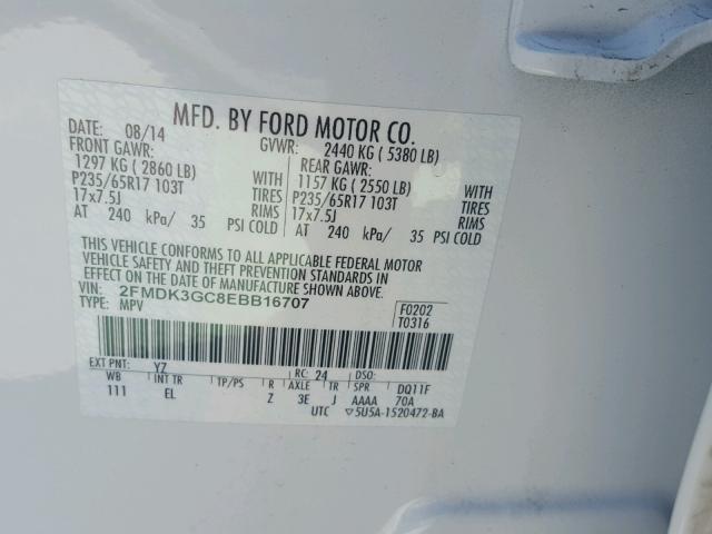 2FMDK3GC8EBB16707 - 2014 FORD EDGE SE WHITE photo 10