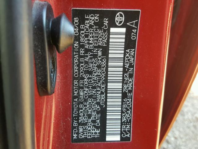 JTDBL40E799043861 - 2009 TOYOTA COROLLA BA RED photo 10