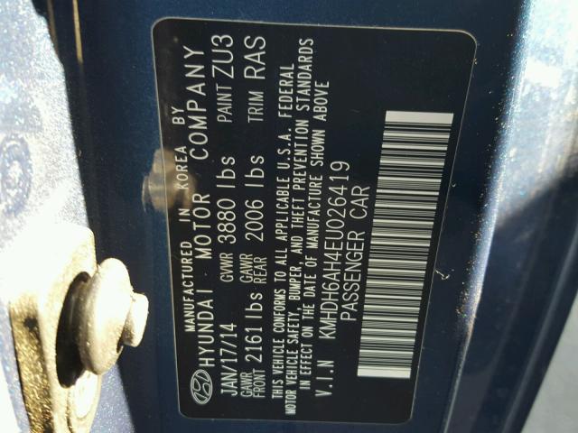 KMHDH6AH4EU026419 - 2014 HYUNDAI ELANTRA CO BLUE photo 10