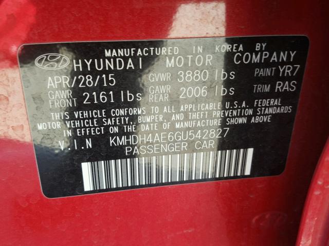 KMHDH4AE6GU542827 - 2016 HYUNDAI ELANTRA SE RED photo 10