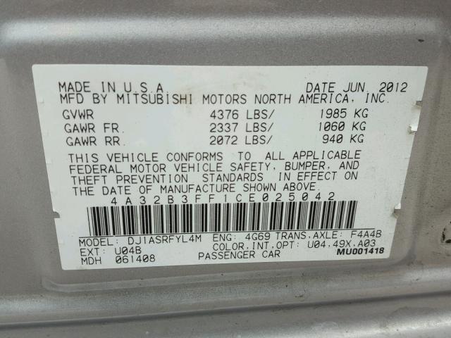 4A32B3FF1CE025042 - 2012 MITSUBISHI GALANT ES SILVER photo 10