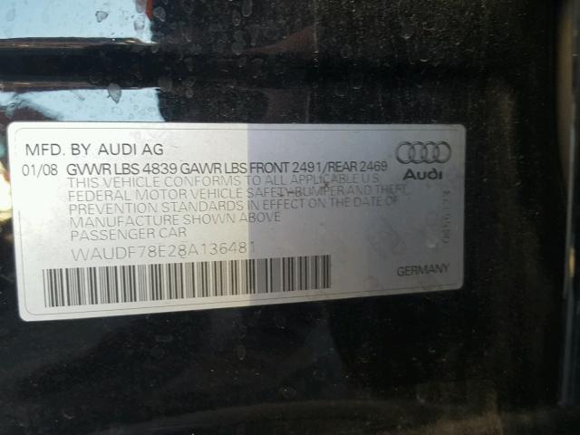 WAUDF78E28A136481 - 2008 AUDI A4 2.0T QU BLACK photo 10