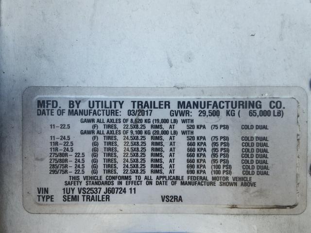 1UYVS2537J6072411 - 2018 UTILITY TRAILER WHITE photo 10