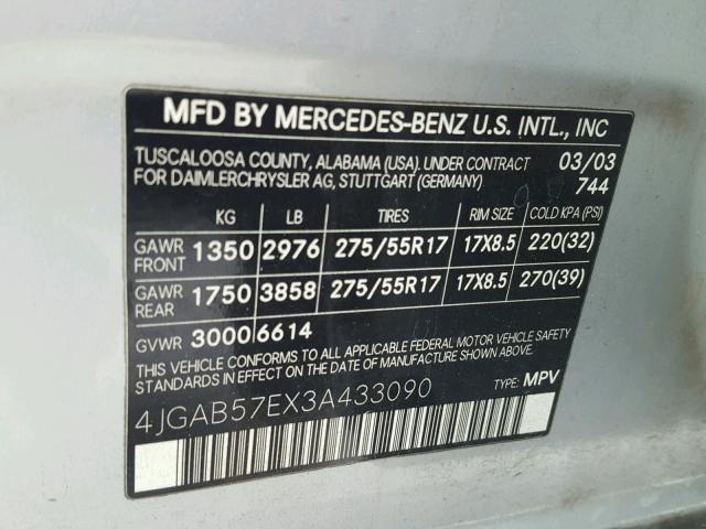 4JGAB57EX3A433090 - 2003 MERCEDES-BENZ ML 350 SILVER photo 10