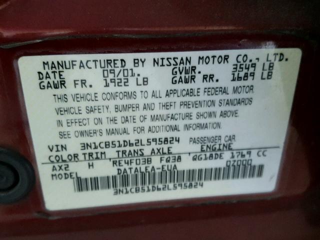 3N1CB51D62L595824 - 2002 NISSAN SENTRA XE RED photo 10