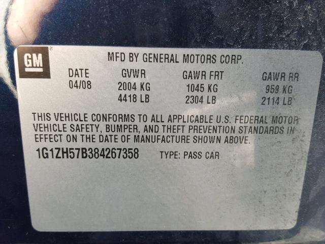 1G1ZH57B384267358 - 2008 CHEVROLET MALIBU 1LT BLUE photo 10