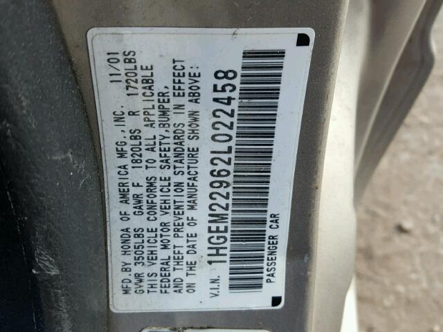 1HGEM22962L022458 - 2002 HONDA CIVIC EX ვერცხლისფერი ფოტო 10