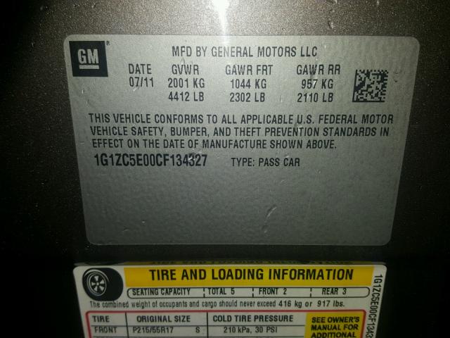 1G1ZC5E00CF134327 - 2012 CHEVROLET MALIBU 1LT ნაცრისფერი ფოტო 10