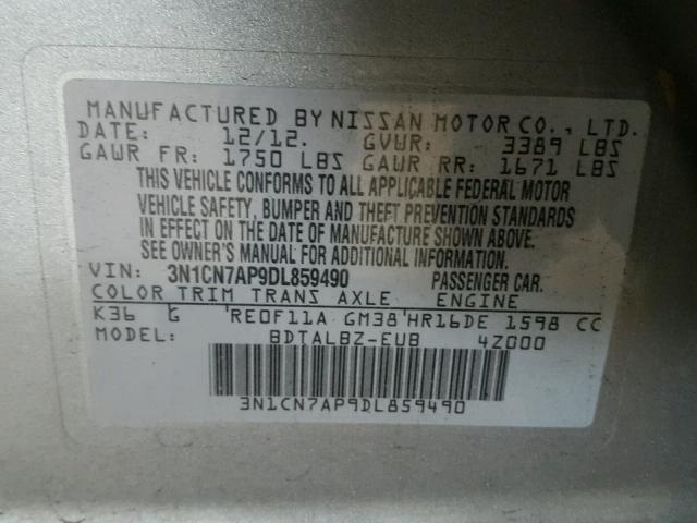 3N1CN7AP9DL859490 - 2013 NISSAN VERSA S GRAY photo 10