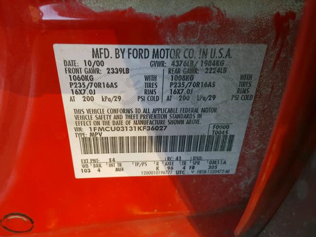 1FMCU03131KF36027 - 2001 FORD ESCAPE XLT RED photo 10