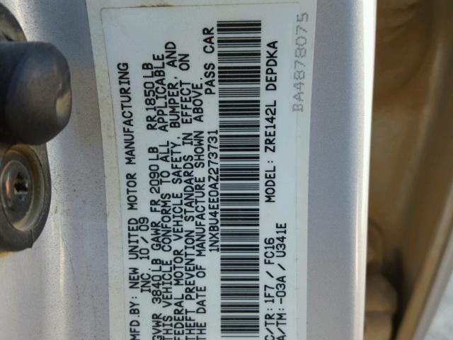 1NXBU4EE0AZ273731 - 2010 TOYOTA COROLLA BA GRAY photo 10