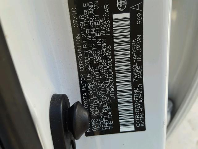 JTDKN3DU0A0204856 - 2010 TOYOTA PRIUS WHITE photo 10