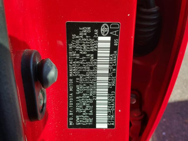 2T1BURHE6GC605383 - 2016 TOYOTA COROLLA L RED photo 10