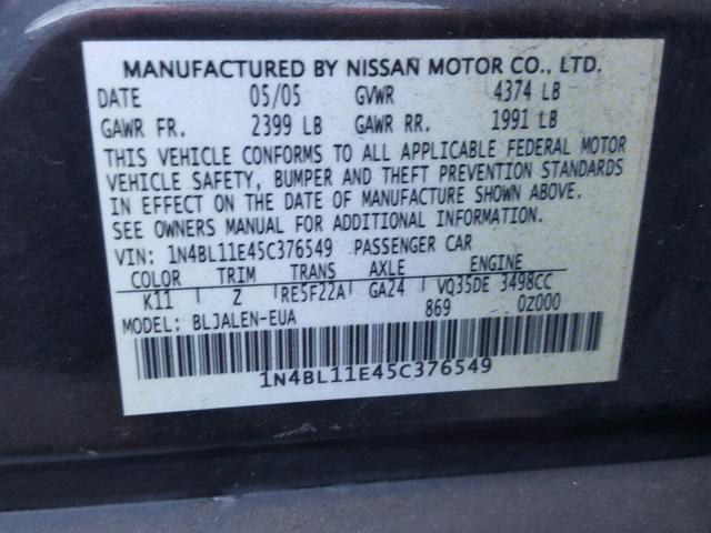 1N4BL11E45C376549 - 2005 NISSAN ALTIMA SE GRAY photo 10