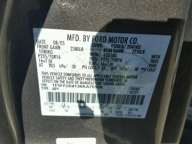 1FMYU04136KA76508 - 2006 FORD ESCAPE LIM GRAY photo 10