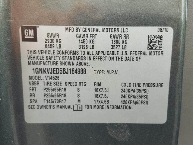 1GNKVJED5BJ164988 - 2011 CHEVROLET TRAVERSE L GRAY photo 10