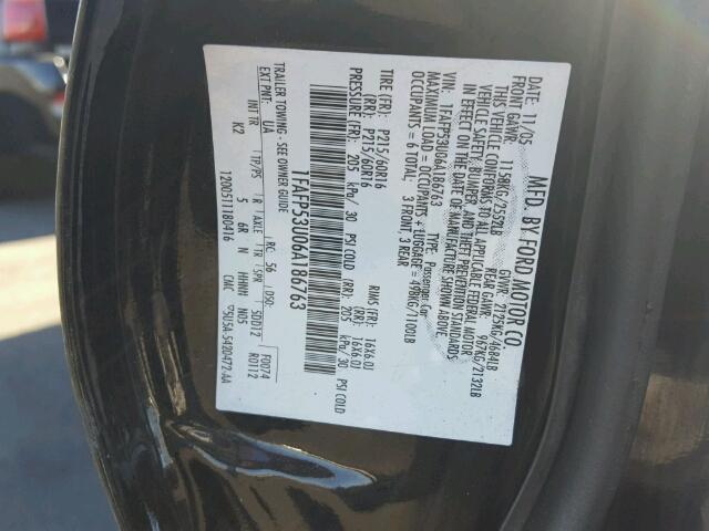 1FAFP53U06A186763 - 2006 FORD TAURUS SE BLACK photo 10