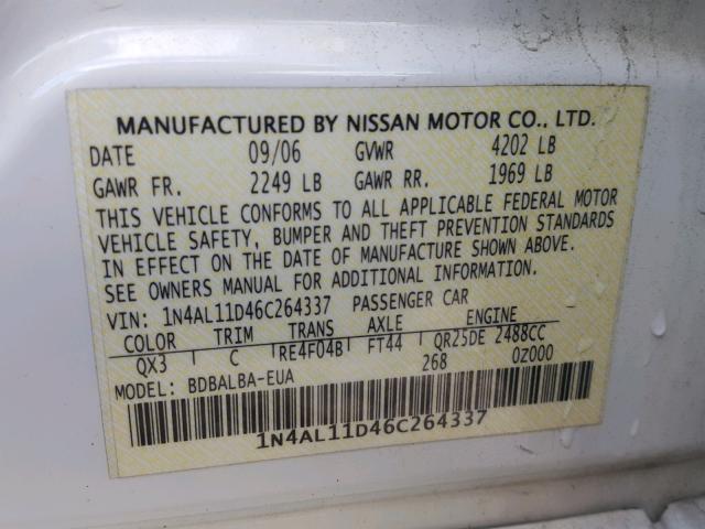 1N4AL11D46C264337 - 2006 NISSAN ALTIMA S WHITE photo 10