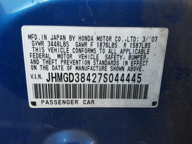 JHMGD38427S044445 - 2007 HONDA FIT BLUE photo 10