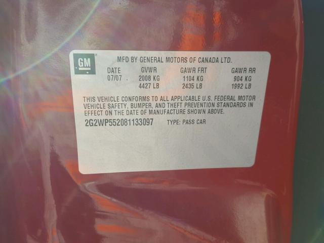 2G2WP552081133097 - 2008 PONTIAC GRAND PRIX წითელი ფოტო 10