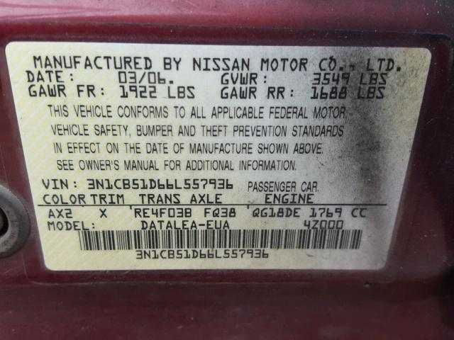 3N1CB51D66L557936 - 2006 NISSAN SENTRA 1.8 BURGUNDY photo 10