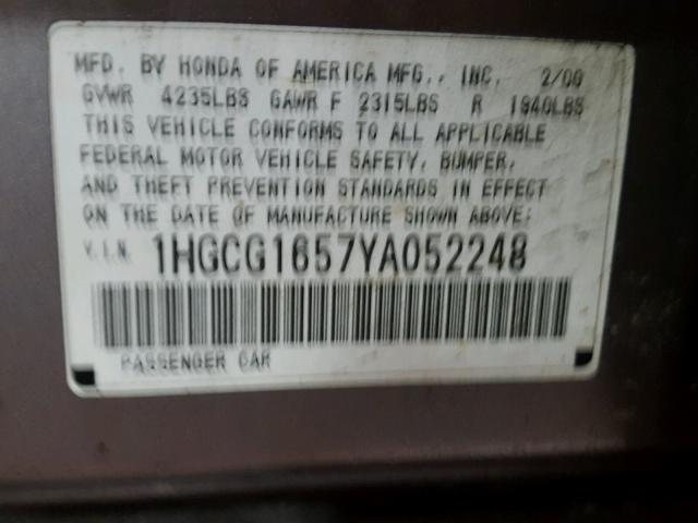 1HGCG1657YA052248 - 2000 HONDA ACCORD EX GRAY photo 10