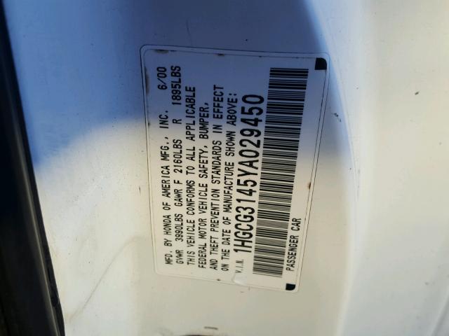 1HGCG3145YA029450 - 2000 HONDA ACCORD LX WHITE photo 10