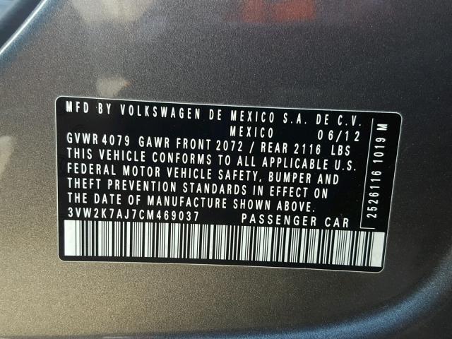 3VW2K7AJ7CM469037 - 2012 VOLKSWAGEN JETTA BASE 灰色 照片 10