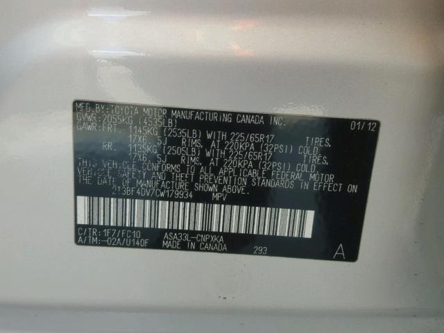 2T3BF4DV7CW179934 - 2012 TOYOTA RAV4 SILVER photo 10