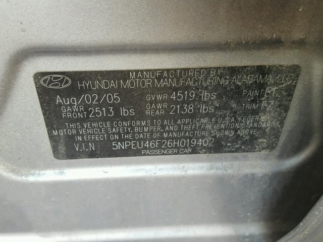 5NPEU46F26H019402 - 2006 HYUNDAI SONATA GLS GRAY photo 10